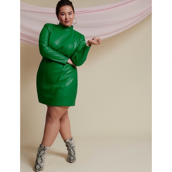 NWT Eloquii Green Faux Leather Long Sleeve Mock Neck Mini Dress Women’s Size 18 - Picture 1 of 11